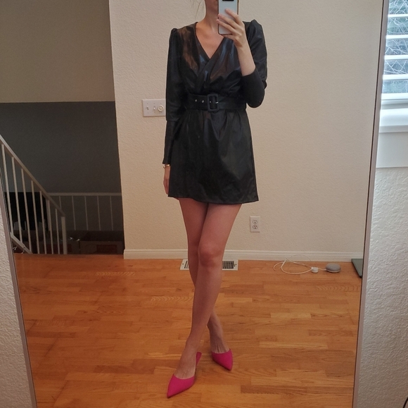 Zara * belted faux leather dress wrap mini black - Picture 5 of 9